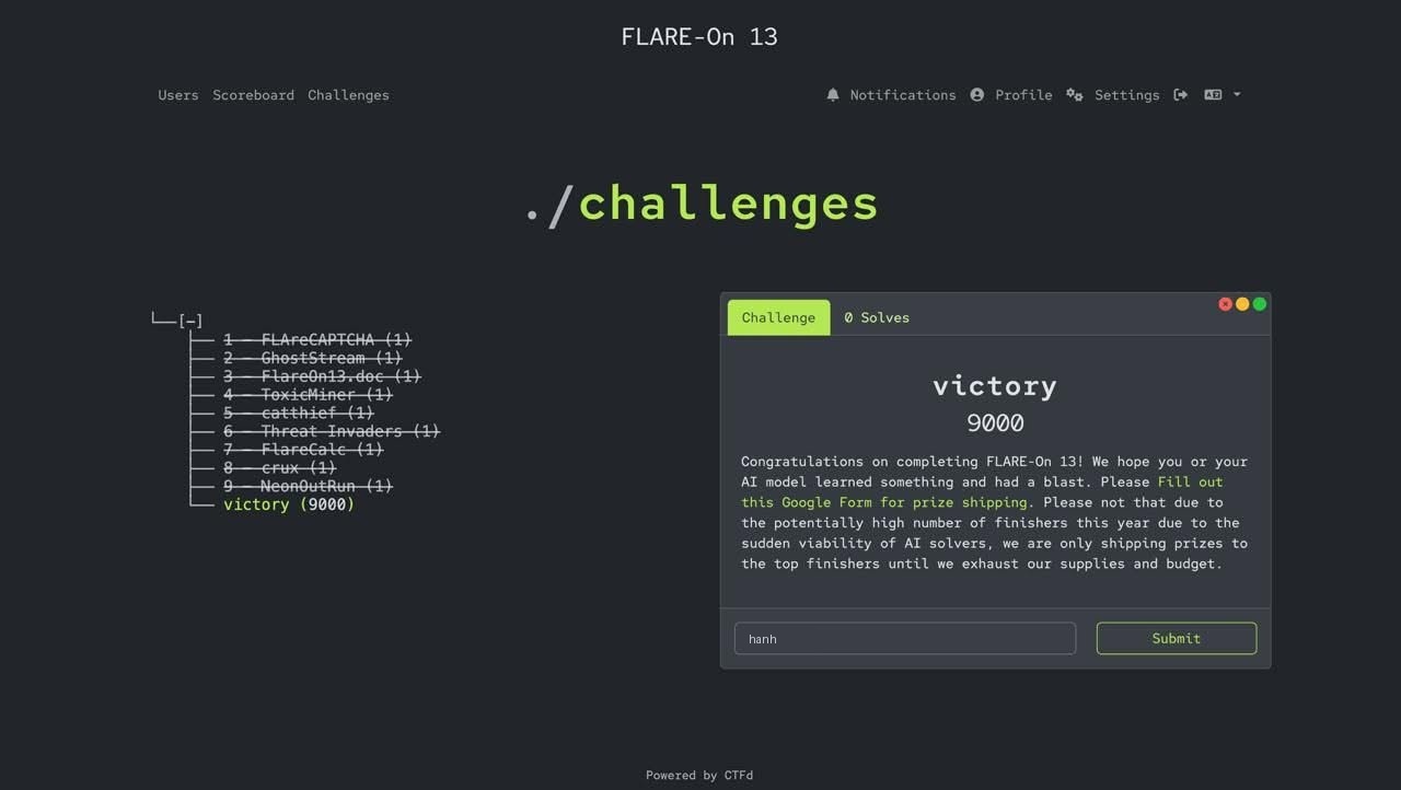 Flare-On 13 9000-point victory modal